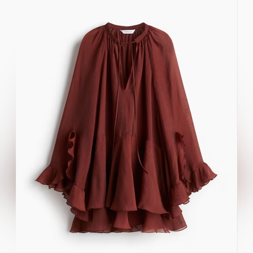 NWT H&M Flounced Ruffle Mini Dress In Rust - Picture 2 of 7